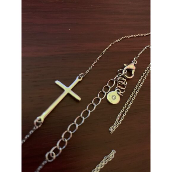 Side Laying Silver Tone Cross Necklace 21" Dainty Link Chain - Picture 1 of 3